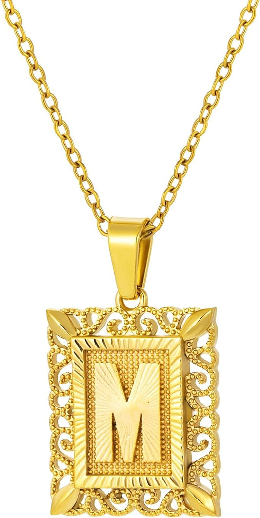 18K Gold Square Monogram Necklace A-Z Personalized Alphabet Pendant Jewelry Gift for Women