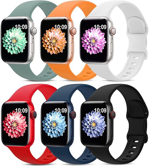 6 Pack Sport Bands Compatible with Apple Watch Band 38mm 40mm 41mm 42mm 44mm 45mm,Soft Silicone Waterproof Strap Wristbands Compatible with iWatch Apple Watch Series Ultra 8 7 6 5 4 3 2 1 SE Women Men