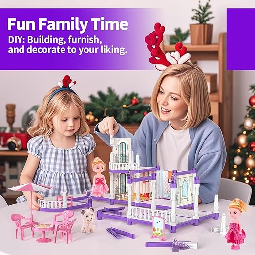 275 Pcs Doll House Building Toys, 4 Story Toddler Playhouse Toy Set with Dolls, Houses & Accessories for 3+ Years Old, Dollhouse Playset Doll House Toys with Lights for Girls 6-12 (Purple)