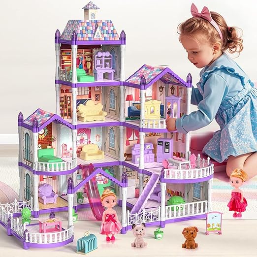 275 Pcs Doll House Building Toys, 4 Story Toddler Playhouse Toy Set with Dolls, Houses & Accessories for 3+ Years Old, Dollhouse Playset Doll House Toys with Lights for Girls 6-12 (Purple)
