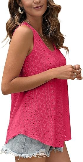 Womens Tank Tops Sleeveless Eyelet Embroidery Scoop Neck Loose Fit Casual Summer Flowy