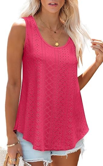 Womens Tank Tops Sleeveless Eyelet Embroidery Scoop Neck Loose Fit Casual Summer Flowy