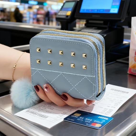 Slim Leather Wallet for Women – Small Bifold Card Holder Organizer with Multiple Slots, blue, Fashion