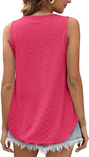 Womens Tank Tops Sleeveless Eyelet Embroidery Scoop Neck Loose Fit Casual Summer Flowy