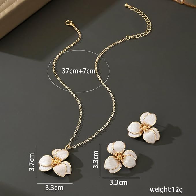 Gold Crystal Stud Earrings and Necklace Pendant Jewelry Set White Multicolor Enamel Clip-on Trendy Necklace Fashion Accessories for Women