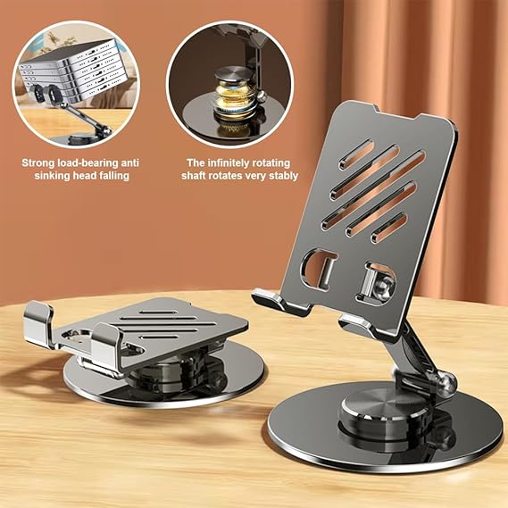 360°Rotating Phone Holder for Desk, Folding Cell Phone Stand, Fully Adjustable Phone Holder for Desk, for All Mobile Phones, iPhone, iPad, Nintendo Switch (Metal Black)