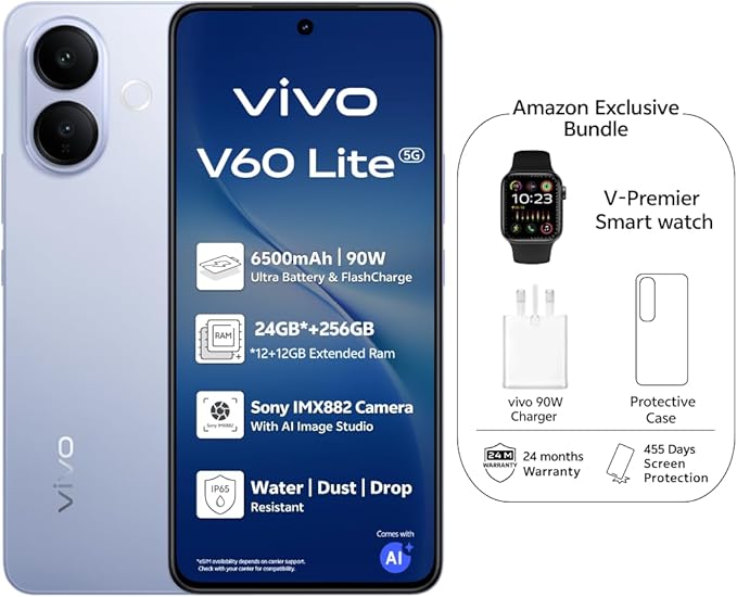 vivo V60 Lite 5G (Titanium Blue, 12GB RAM, 256GB) | 120Hz AMOLED Display | 32MP Selfie Camera | 6500mAH | IP65 | V-premier Smartwatch, 24M Warranty, 455Days Screen Replacement – Middle East Version