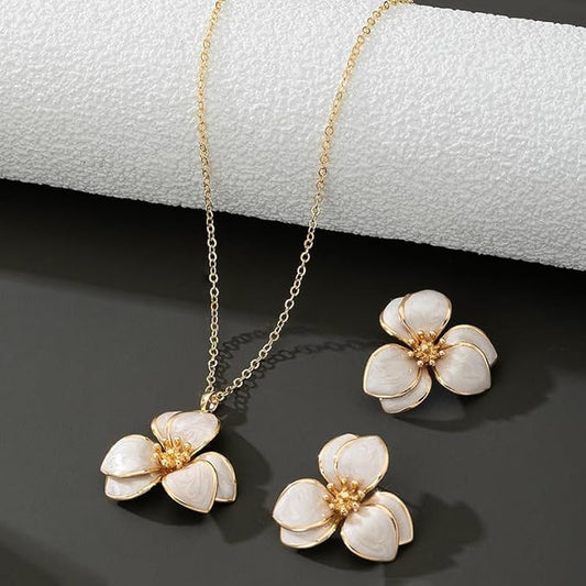 Gold Crystal Stud Earrings and Necklace Pendant Jewelry Set White Multicolor Enamel Clip-on Trendy Necklace Fashion Accessories for Women