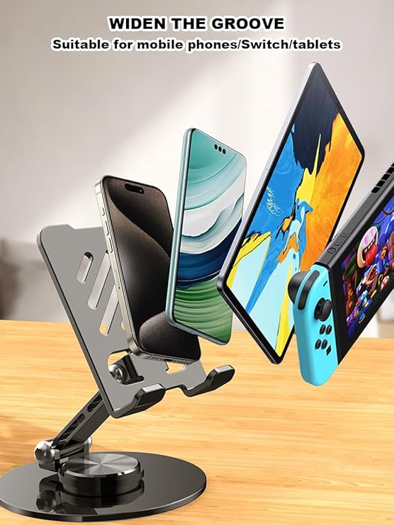 360°Rotating Phone Holder for Desk, Folding Cell Phone Stand, Fully Adjustable Phone Holder for Desk, for All Mobile Phones, iPhone, iPad, Nintendo Switch (Metal Black)