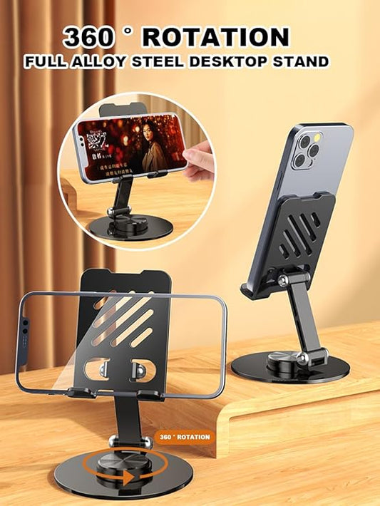 360°Rotating Phone Holder for Desk, Folding Cell Phone Stand, Fully Adjustable Phone Holder for Desk, for All Mobile Phones, iPhone, iPad, Nintendo Switch (Metal Black)