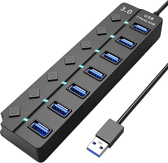 USB Hub 3.0, 7-Port USB Hub Splitter with Individual On/Off Switches and Lights Compatible with MacBook, Laptop, Surface Pro, PS4, PC, Flash Drive, Mobile HDD
