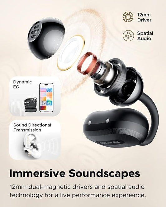 TRUEFREE C10 Clip-On Wireless Earbuds, Open-Ear Earphones, Bluetooth 5.4, 12mm Driver with Spatial Sound, 28H Playtime, IPX5 Water-Resistant, AI-ENC Clear Calls, Dual Connection, App Customizable