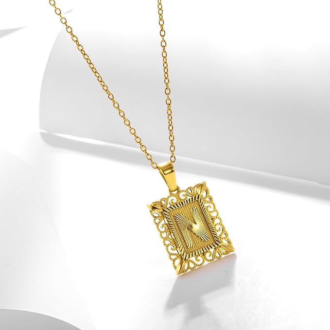 18K Gold Square Monogram Necklace A-Z Personalized Alphabet Pendant Jewelry Gift for Women