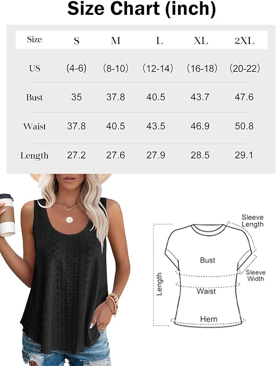 Womens Tank Tops Sleeveless Eyelet Embroidery Scoop Neck Loose Fit Casual Summer Flowy