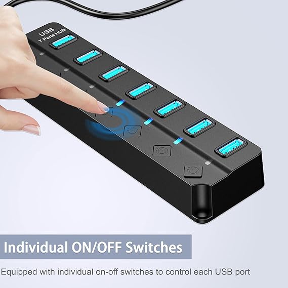 USB Hub 3.0, 7-Port USB Hub Splitter with Individual On/Off Switches and Lights Compatible with MacBook, Laptop, Surface Pro, PS4, PC, Flash Drive, Mobile HDD