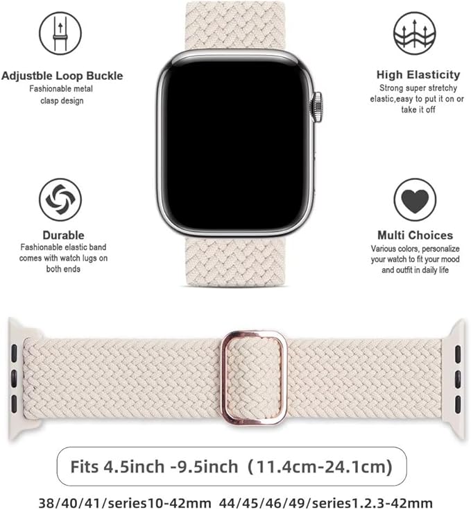 Braided Stretchy Solo Loop Compatible with Apple Watch Bands 38mm 40mm 41mm 42mm 44mm 45mm 46mm 49mm for Women Men, Nylon Elastic Straps Wristbands for iWatch Series 10 9 8 7 6 SE 5 4 3 2 Ultra