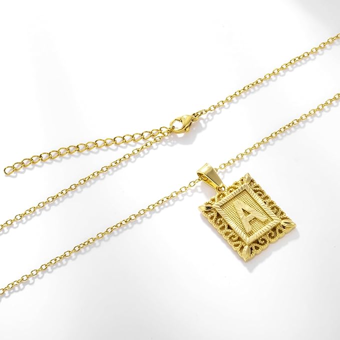 18K Gold Square Monogram Necklace A-Z Personalized Alphabet Pendant Jewelry Gift for Women