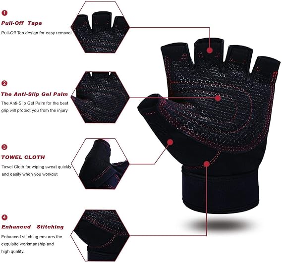 U-HOOME Workout Gloves with Wrist Support Anti-Slip Silica Gel Grip Adjustable Velcro Strap Weightlifting Gloves For Cross Fit Fitness Cycling XL