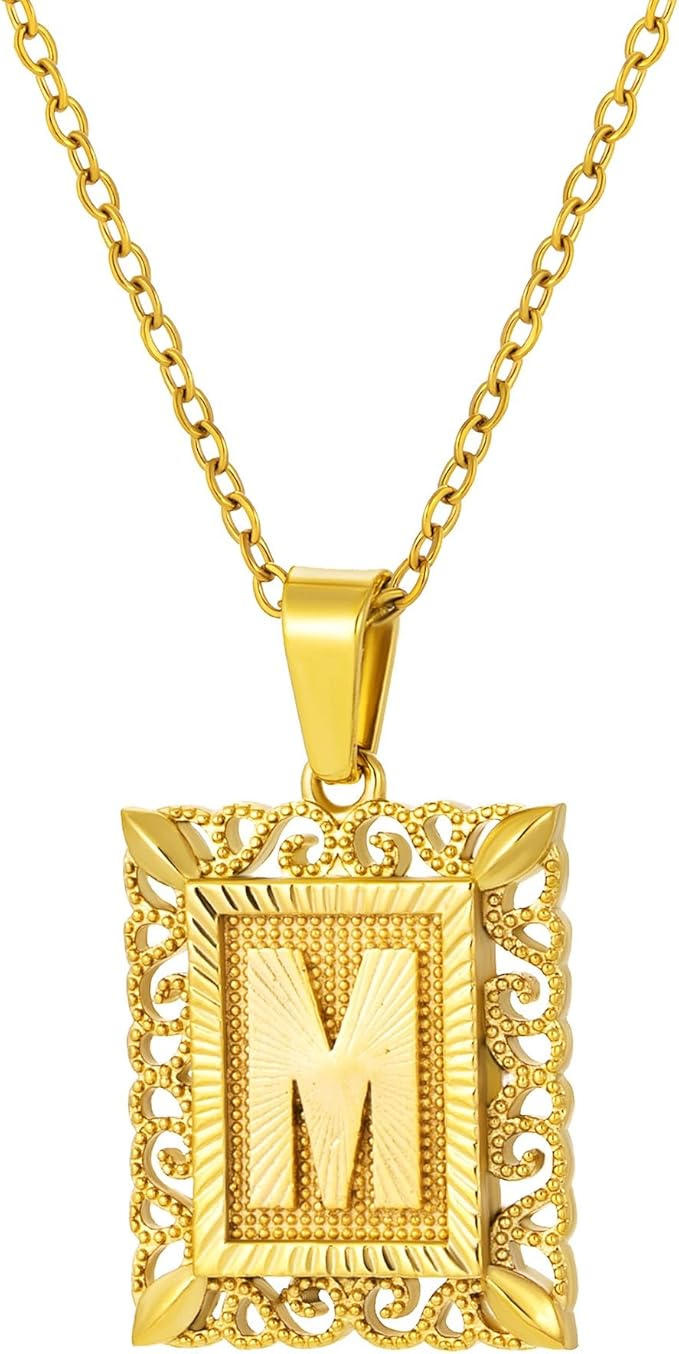 18K Gold Square Monogram Necklace A-Z Personalized Alphabet Pendant Jewelry Gift for Women