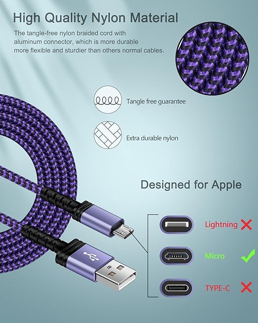 Micro USB Charging Cable, 1 Pack 6 Feet, Nylon Braided Android Charger Cord, Fast Charging Cable, Compatible with Galaxy S6 S7 Edge, Kindle, Android and Windows Smartphones - Purple