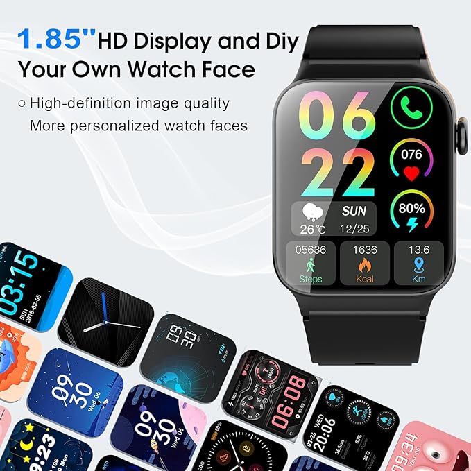 Smart Watch for Men Women Answer/Make Calls, 1.85" HD Smart Watches with 110+ Sport Modes, Fitness Watch with Heart Rate Sleep Monitor, IP68 Waterproof Smartwatch for Android iOS, Black