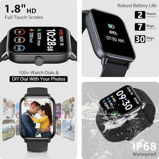 Smart Watch for Men Women (Answer/Make Call), Alexa Built-in, 1.8" Touch Screen Fitness Watch with SpO2 Sleep Monitor, 100 Sport, IP68 Waterproof Step Counter Smartwatch for iOS Android