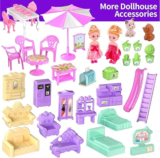 275 Pcs Doll House Building Toys, 4 Story Toddler Playhouse Toy Set with Dolls, Houses & Accessories for 3+ Years Old, Dollhouse Playset Doll House Toys with Lights for Girls 6-12 (Purple)