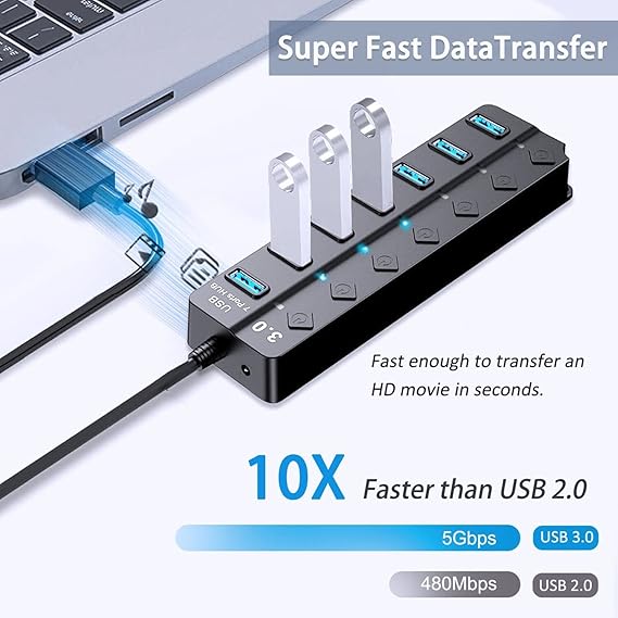 USB Hub 3.0, 7-Port USB Hub Splitter with Individual On/Off Switches and Lights Compatible with MacBook, Laptop, Surface Pro, PS4, PC, Flash Drive, Mobile HDD