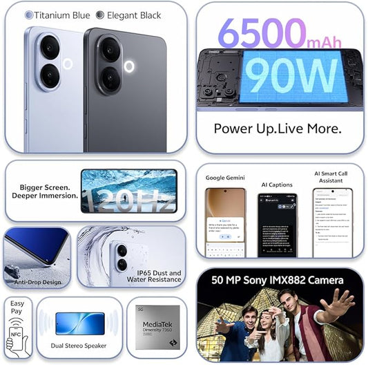 vivo V60 Lite 5G (Titanium Blue, 12GB RAM, 256GB) | 120Hz AMOLED Display | 32MP Selfie Camera | 6500mAH | IP65 | V-premier Smartwatch, 24M Warranty, 455Days Screen Replacement – Middle East Version