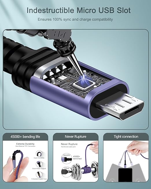 Micro USB Charging Cable, 1 Pack 6 Feet, Nylon Braided Android Charger Cord, Fast Charging Cable, Compatible with Galaxy S6 S7 Edge, Kindle, Android and Windows Smartphones - Purple