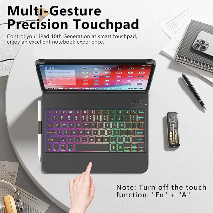 FUWANG Touch Keyboard Case for iPad (A16) 11th Generation 11 inch 2025&10th Gen 10.9 inch 2022, 360° Rotate for iPad 10th Generation Case with Keyboard, Backlit Keyboard Case with Pencil Holder, Black