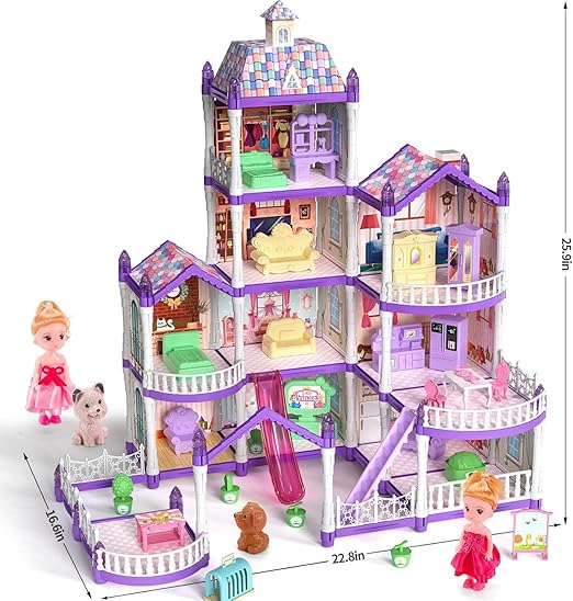 275 Pcs Doll House Building Toys, 4 Story Toddler Playhouse Toy Set with Dolls, Houses & Accessories for 3+ Years Old, Dollhouse Playset Doll House Toys with Lights for Girls 6-12 (Purple)