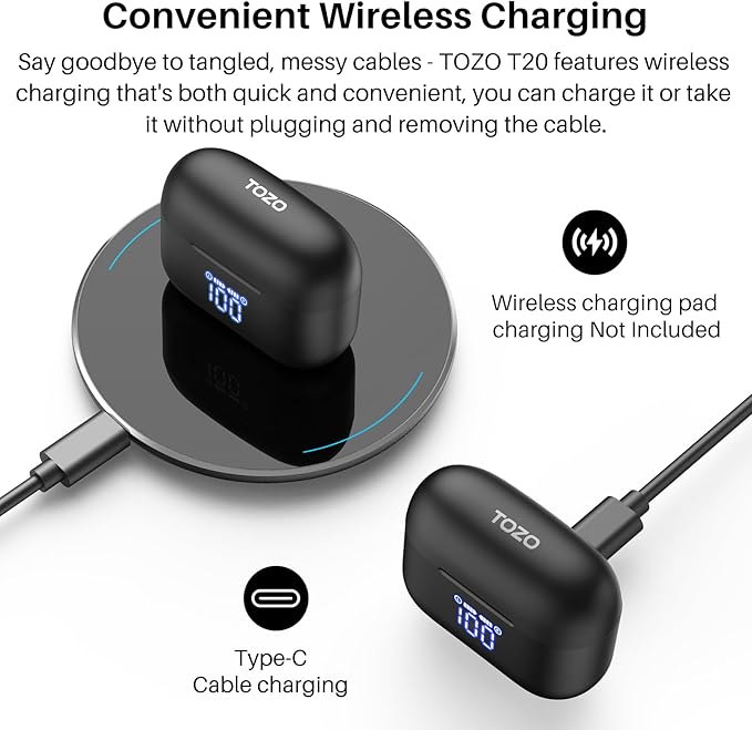 TOZO T20 Wireless Earbuds Bluetooth Headphones 48.5 Hrs Playtime with LED Digital Display, IPX8 Waterproof, Dual Mic Call Noise Cancelling 10mm Broad Range Speakers with Wireless Charging Case Black