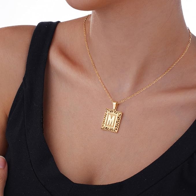 18K Gold Square Monogram Necklace A-Z Personalized Alphabet Pendant Jewelry Gift for Women