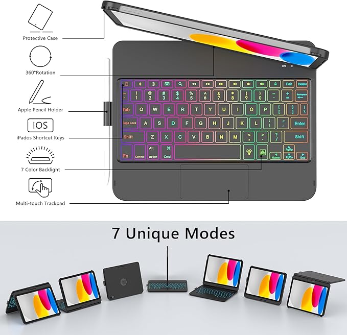 FUWANG Touch Keyboard Case for iPad (A16) 11th Generation 11 inch 2025&10th Gen 10.9 inch 2022, 360° Rotate for iPad 10th Generation Case with Keyboard, Backlit Keyboard Case with Pencil Holder, Black
