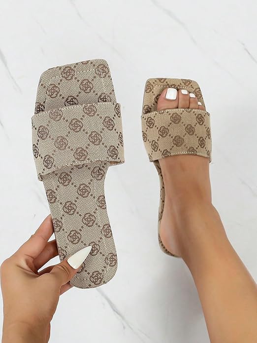 Women's Square Open Toe Slides Slippers Single Band Slip On Flat Sandals