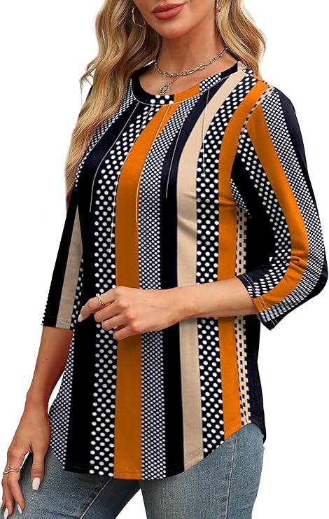 3/4 Length Sleeve Womens Tops Round Neck Casual Tunic Tops Basic Pleated Shirts Loose Fit 2025 Spring Tops