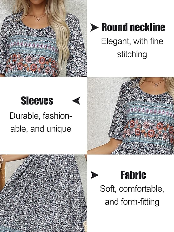 Women's Short-Sleeve Floral Dress with Pockets Casual Summer Loose Fit Vacation Dress