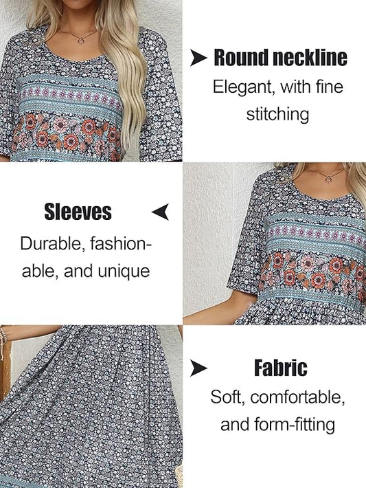 Women's Short-Sleeve Floral Dress with Pockets Casual Summer Loose Fit Vacation Dress