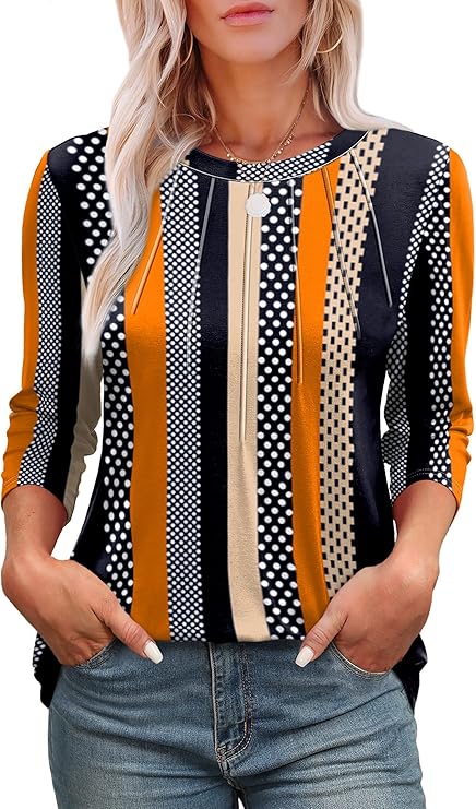 3/4 Length Sleeve Womens Tops Round Neck Casual Tunic Tops Basic Pleated Shirts Loose Fit 2025 Spring Tops