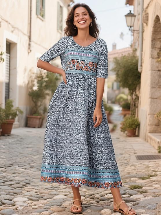 Women's Short-Sleeve Floral Dress with Pockets Casual Summer Loose Fit Vacation Dress