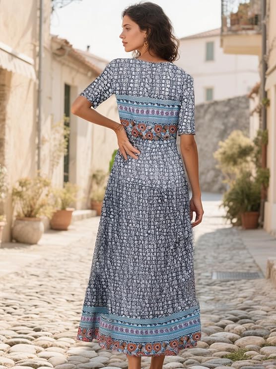 Women's Short-Sleeve Floral Dress with Pockets Casual Summer Loose Fit Vacation Dress