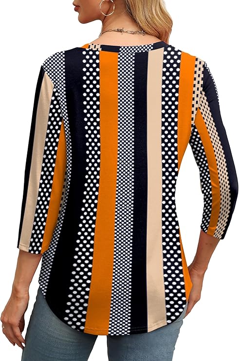 3/4 Length Sleeve Womens Tops Round Neck Casual Tunic Tops Basic Pleated Shirts Loose Fit 2025 Spring Tops