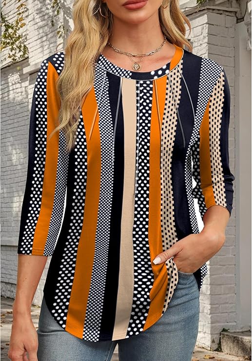 3/4 Length Sleeve Womens Tops Round Neck Casual Tunic Tops Basic Pleated Shirts Loose Fit 2025 Spring Tops