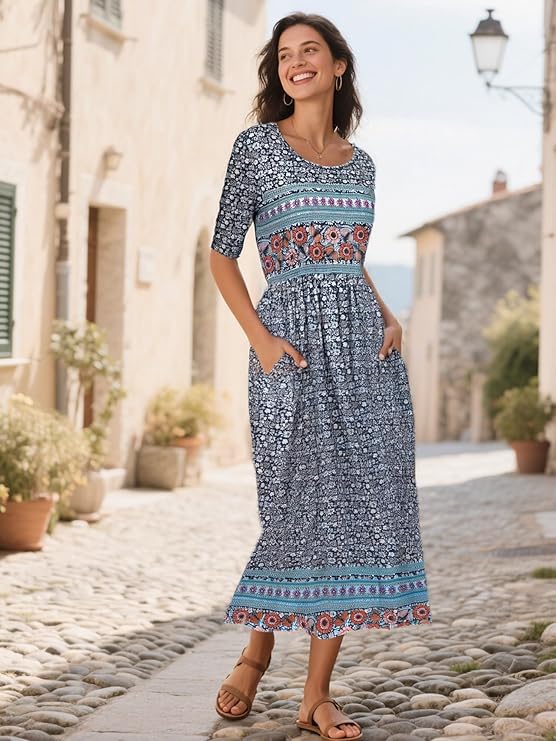 Women's Short-Sleeve Floral Dress with Pockets Casual Summer Loose Fit Vacation Dress